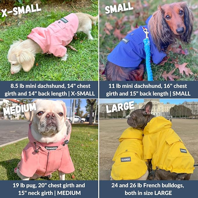 DJANGO Highland Dog Jacket & Raincoat – Water-Repellent, Lined Dog Coat with Hood, Adjustable Fit & Harness Hole – Lightweight Rain & Wind Jacket for Small & Medium Dogs up to 30 lbs (Blue, Medium)