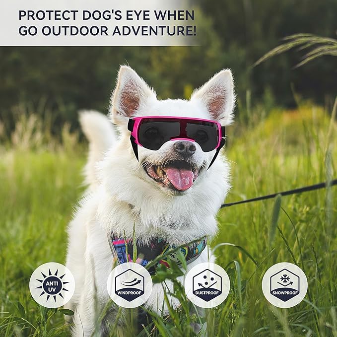 Dog Goggles Sunglasses Small to Medium Breed, Anti-Fog UV400 Lens Puppy Sunglasses, Adjustable Lightweight Doggie Goggles for UV, Wind, Snow, Dust Protection, Pink