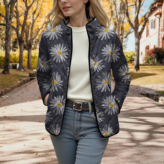 LIZALIG Women's Cropped Puffer Jacket Lightweight Floral Print Long Sleeve Padded Quilted Puffy Cardigan Coat