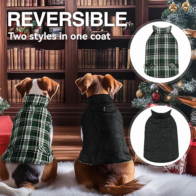 VIVAGLORY Softjoy Dog Coat, Dog Jacket for Winter & Christmas, Coat with Harness Hole & Velcro Closure, Reversible Plaid Checkered Warm Fluffy Heavy Duty for Puppy, L, Green