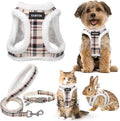 GAMUDA Small Dog Harness Collar and Leash Set, Step in No Chock No Pull Soft Mesh Adjustable Dog Vest Harnesses Plaid Reflective for Dogs Puppy Cats Kitten Rabbit (Warm Beige, XXXS)