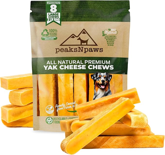 peaksNpaws Yak Cheese, High Protein, Himalayan Dogs Chews, Natural Dog Treats, Lactose Free, Long Lasting Dogs Treat for Aggressive Chewers Under 55 lbs, 8 Large Chew Sticks