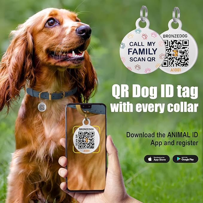 BronzeDog Rolled Leather Dog Collar with QR ID Tag, Adjustable Soft Round Collars for Small Medium Large Dogs Puppy (14" - 16" Neck Size, Classic Red)
