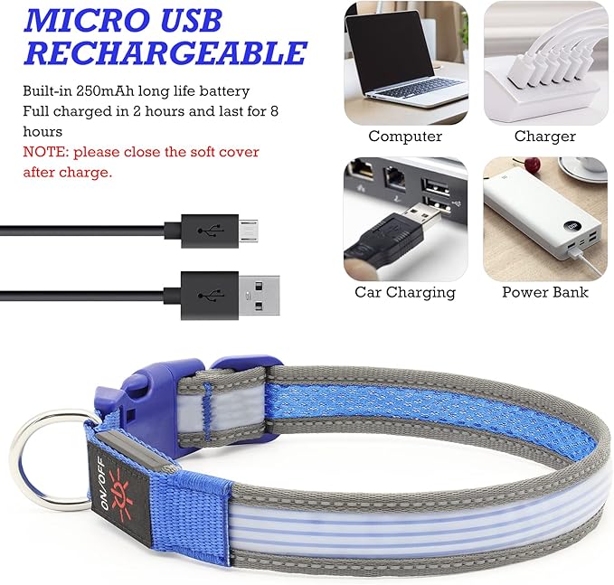 YFbrite Full Adjustbale LED Dog Collar, Full Illuminated Light up Dog Collars, Reflective Dog Collar Light Glowing in The Dark for All Dogs Safety (Small, Blue-2)