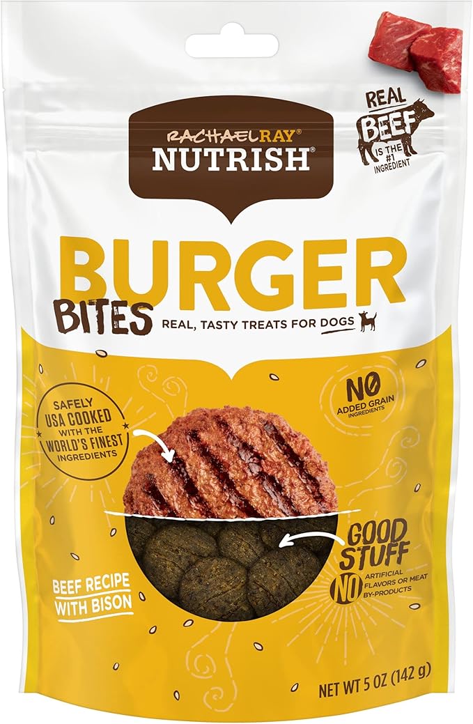 Nutrish Rachael Ray Burger Bites Dog Treats, Beef Recipe with Bison, 5 oz. Pouch, 5 Count
