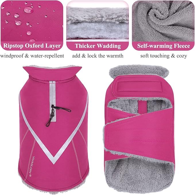 VIVAGLORY Snowrap Dog Coat, Jacket with Harness Hole & Velcro Closure, Dog Coat for Winter & Cold Weather, Fluffy Warm Fleece Lined Reflective Water Resistant for Puppy, S, Fuchsia