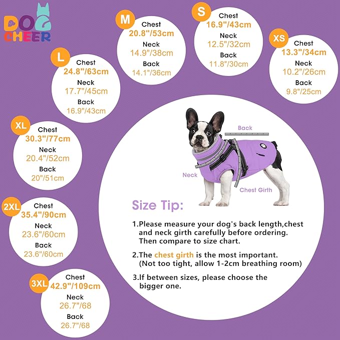 Dogcheer Dog Coat with Harness, Waterproof Dog Jacket, Reflective Puppy Winter Jacket with Pocket, Doggy Turtleneck Fleece Vest for Small Medium Large Dogs - Taro Purple, XL