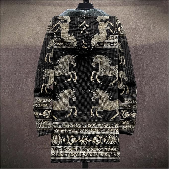 Mens Aztec Print Hoodie Heavyweight Cotton Fleece Jacket Zip Up Warm Long Sleeve Hooded Winter Midi Coat