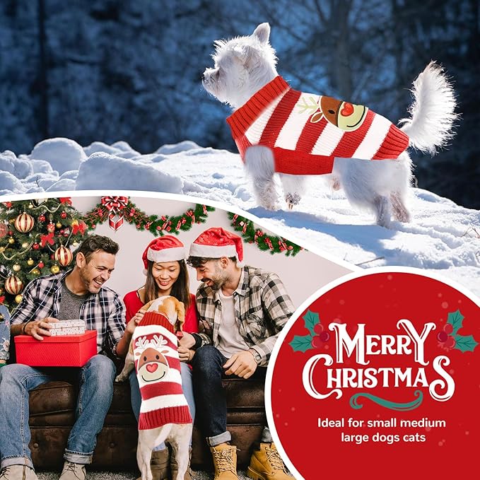 PETCARE Reindeer Christmas Dog Sweater Red Striped Cat Sweater Cartoon Elk Pet Vest Holiday Dog Clothes Puppy Sweaters for Small Medium Large Dogs Cats Fall Winter Outfits Xmas Dogs Costume,XX-Large
