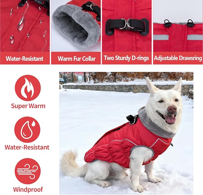 Malier Dog Coat, Reflective Dog Jacket Waterproof Windproof Puppy Cold Weather Coats with Harness Built in, Winter Extra Warm Pet Coat Fleece Vest for Small Large Pets and Puppy (Red, Small)