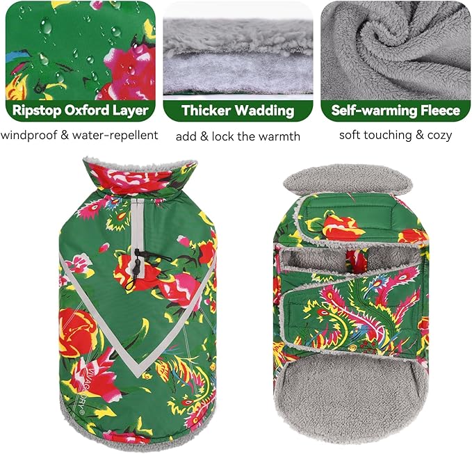 VIVAGLORY Snowrap Dog Coat, Jacket with Harness Hole & Velcro Closure, Dog Coat for Winter & Cold Weather, Fluffy Warm Fleece Lined Reflective Water Resistant for Puppy, XXS, Northeast Florals-Green