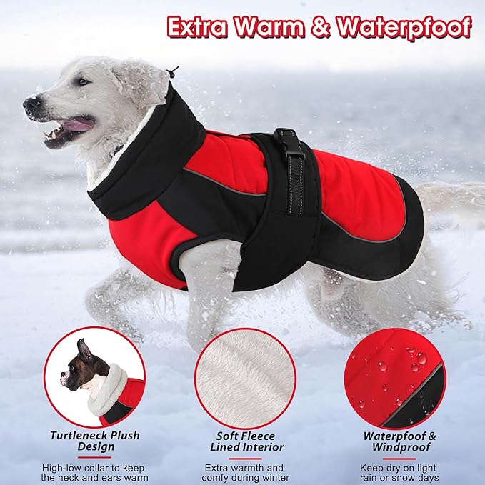Dogcheer Dog Coat, Christmas Dog Jacket, Waterproof Turtleneck Puppy Winter Coat, Adjustable Pet Puffer Jacket, Reflective Warm Fleece Coats for Small Medium Large Dogs - Red, L