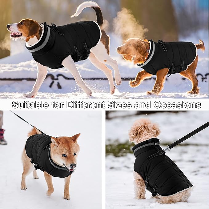 Dogcheer Dog Coat, Waterproof Dog Jacket with Harness, Reflective Adjustable Winter Coat with Zipper, Christmas Pet Snow Jacket Clothes for Small Medium Large Dogs - Black L