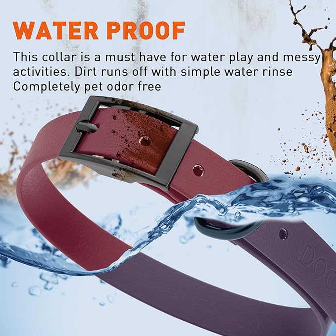 Dogline Biothane Waterproof Dog Collar Strong Coated Nylon Webbing with Black Hardware Odor- Proof for Easy Care Easy to Clean High Performance Fits Small Medium or Large Dogs, Merlot Burgundy