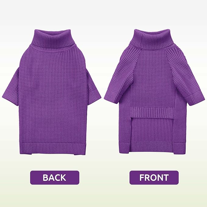 Queenmore Small Dog Sweater, Long Sleeve KnitSweater with Check Pattern, Warm Plaid Doggie Sweaters for Small Medium Dogs, Solid Pull-on Cat Knitwear, Purple S