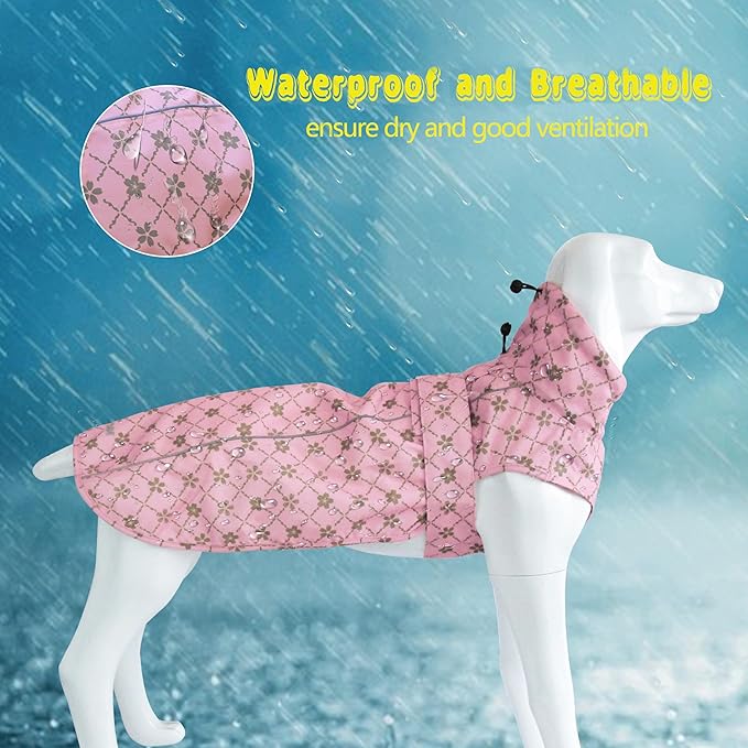 Adjustable Waterproof Dog Raincoat for Dogs,Lightweight Pet Rain Jacket Puppy Clothes with Reflective Strip for Small Medium Large Dogs(XX-Large,Gold Cheery Blossoms Pink)