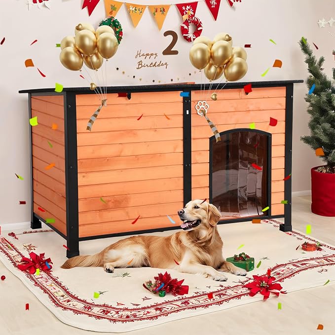 Outdoor Dog House, 55” Extra Large Wooden Dog House with Anti Bite Iron Frame Weatherproof Finish Outside Paw Print Dog House for Large and Medium Dogs (Brown, 55" Dog House)