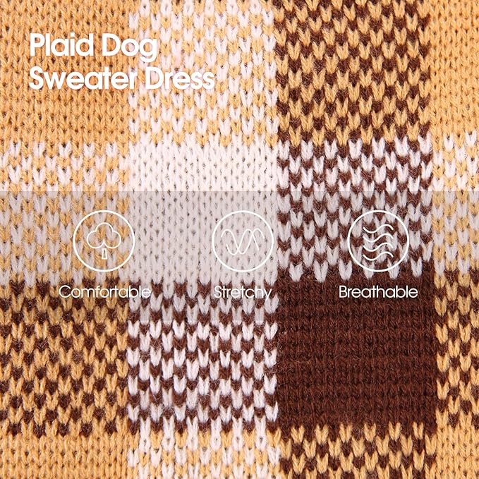 Dog Sweater Dress Plaid Knitwear for Small Medium Dogs Warm Puppy Pet Turtleneck Stretch Pullover Cute Fall Winter Vest Clothes with Leash Hole for Christmas (Coffee, XS)