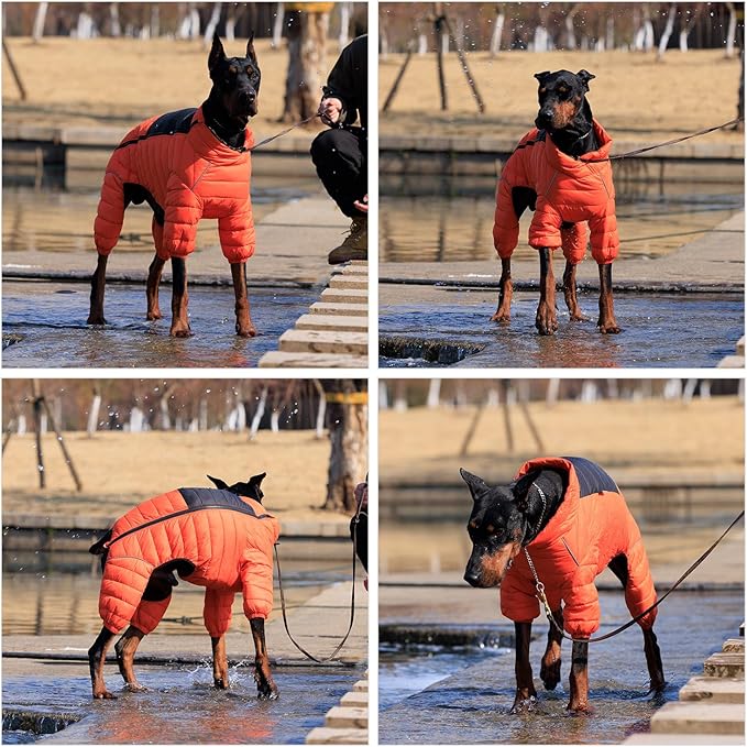 Lovelonglong Dog Coat Dog Warm Jacket, 4 Legs Covered Waterproof Windproof Reflective Warm Dog Vest, Zippered Adjustable Outdoor Dog Snow Jacket for Small Medium Large Dogs Orange XXXXL