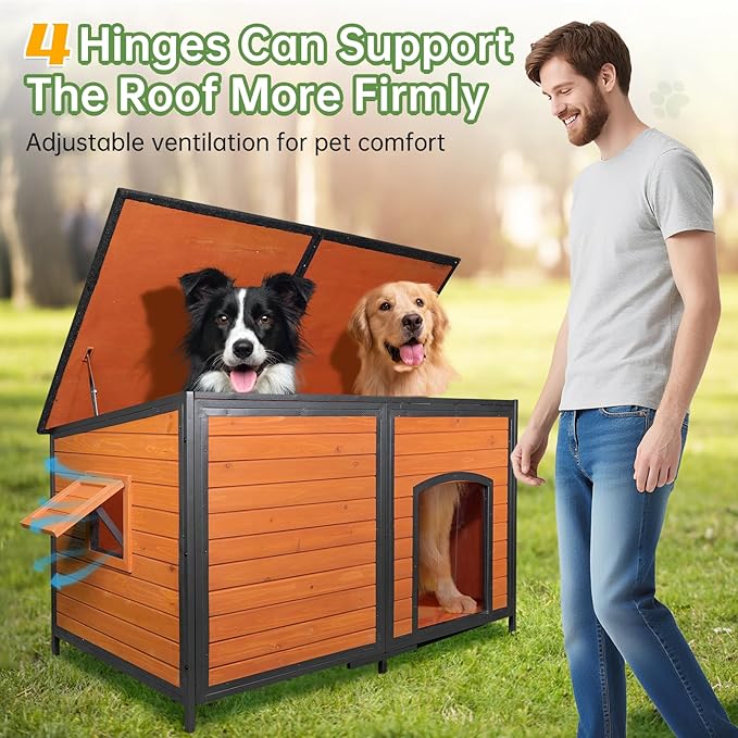 Extra Large Dog House Outdoor Weatherproof Dog Shelter Large Wooden Insulated Houses with Upgrade Anti-Chewing Iron Frame