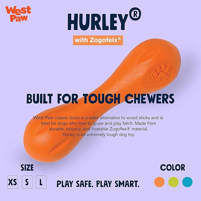 WEST PAW Zogoflex Hurley Dog Bone Chew Toy – Floatable Pet Toys for Aggressive Chewers, Catch, Fetch – Bright-Colored Bones for Dogs – Recyclable, Dishwasher-Safe, Non-Toxic, Large, Tangerine