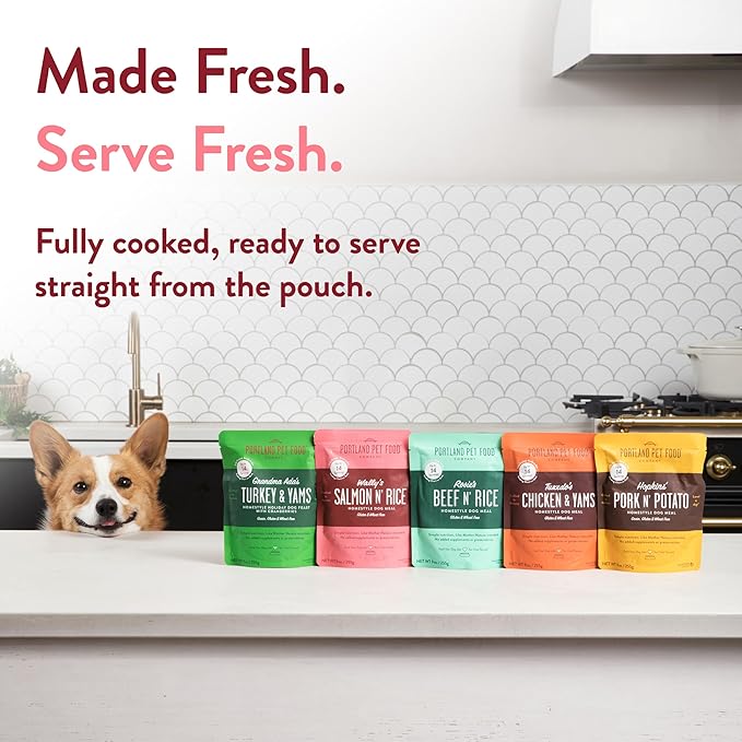 Portland Pet Food Company Fresh Dog Food Pouches Human-Grade Toppers Wet Pet Meal & Mix-Ins - Gluten-Free Limited Ingredient Wally’s Salmon N’ Rice - Large & Small Breed, Puppy to Senior - 8 Pack