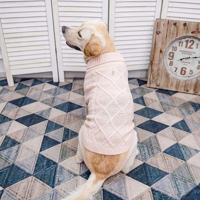 Mihachi Turtleneck Dog Sweater - Winter Coat Apparel Classic Cable Knit Clothes with Leash Hole for Cold Weather, Ideal Gift for Pet in New Year Rosy Medium/Large