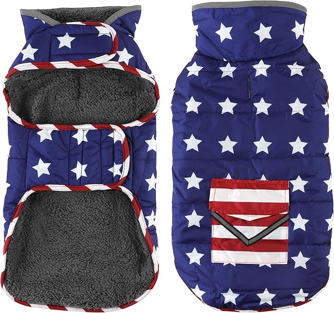 Dog Coat, Waterproof Dog Winter Jacket with Pocket, Reflective Adjustable Pet Snow Vest, Warm Cozy Fleece Sweater for Small Medium Extra Large Dogs - American Flag, S