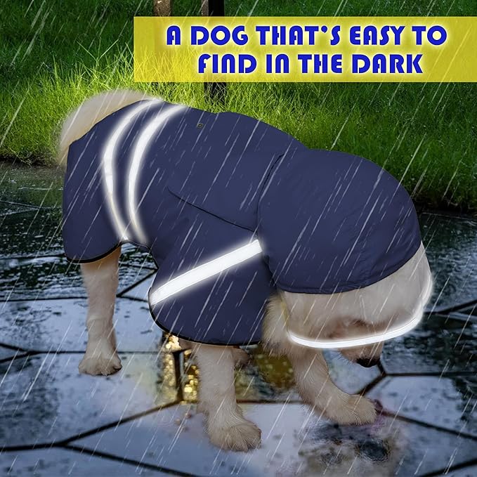 Dog Raincoat, Adjustable Rain Jacket with Hooded Double Layer for Large Medium Small Dogs Puppies, Lightweight Waterproof Rain Coat Poncho with Reflective Stripe Navy,XXL