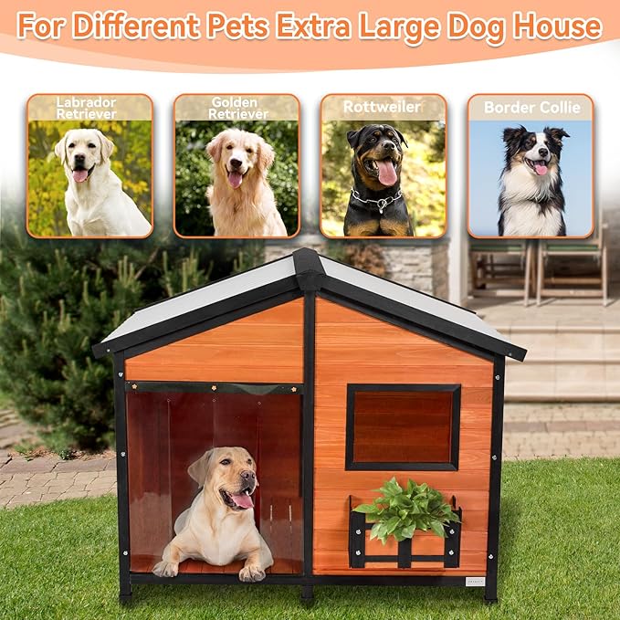 Petsfit Large Dog House Outdoor, Wooden Shelter for Extra Large Breeds Up to 200lbs, Weatherproof Roof, Removable Bottom Panel & Elevated Floor, 47-Inch, Natural Brown