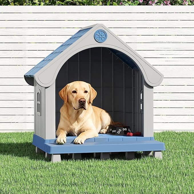 Dog House Outdoor Indoor Weatherproof for Small Medium Dogs, Durable Plastic Pet House with Porch, Sloping roof and Elevated Floor, Easy Cleaning and Assemble(Blue, 32.95"L×31.5"W×37.88"H)