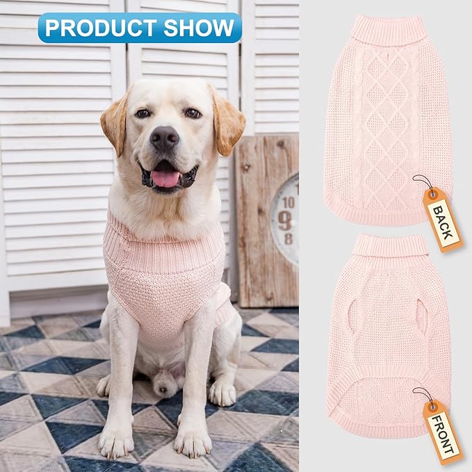 Mihachi Turtleneck Dog Sweater - Winter Coat Apparel Classic Cable Knit Clothes with Leash Hole for Cold Weather, Ideal Gift for Pet in New Year Rosy Large