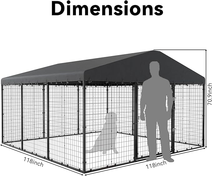 Large Dog Kennel with Roof, Outdoor Heavy Dog Cage for Big Dogs, 118x118x70.9 Galvanized Dog Fence Pen with Double Secure Locks，Weatherproof ，for Large Dogs