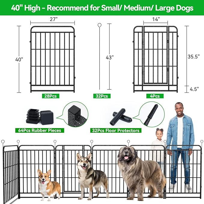 Square Steel Pipe Dog Fence Outdoor 32 Piece Panels 40" Height Anti-Rust Heavy Duty Dog Playpen with Doors Portable for Yard RV Camping, Total 71FT, 406 Sq.ft, Snowy Black
