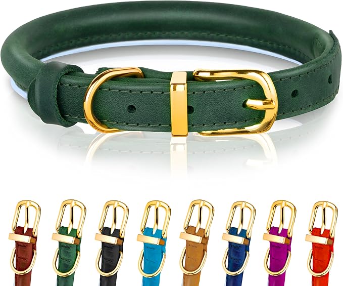 OOPSDOGGY Reflective Rolled Leather Dog Collar Adjustable Soft Padded Pet Collar for Small Medium Large Breed Dogs (Green, XS, 8"-11")