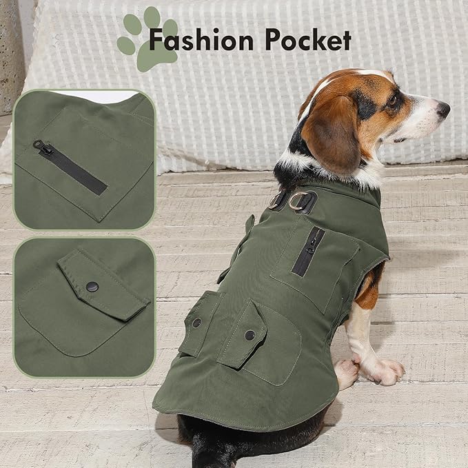 Workwear Style Dog Coats with Harness Built in for Small Dogs Windproof Warm Puppy Jacket with Storage Pockets for Cold Winter,Green L