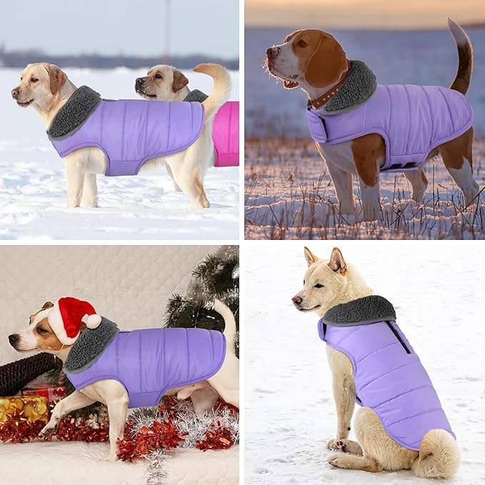 Dog Winter Coat, Waterproof Dog Jacket with Leash Hole, Reflective Adjustable Pet Snow Vest, Warm Fleece Sweater for Small Medium Large Dogs - Light Purple, XL