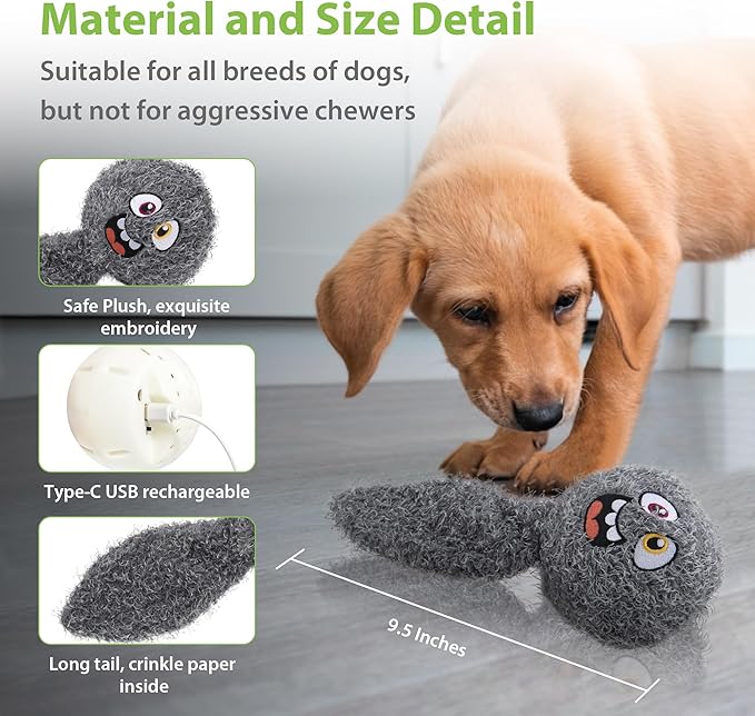 PETGEEK Interactive Squeaky Dog Toy, Upgraded Automatic Moving Vibrating Dog Ball with Plush Cover, 900mAh Rechargeable Bouncing Ball with Recording Music Mode, Crinkle Dog Toy for Pet Boredom, Grey