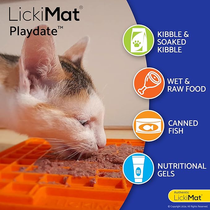 LickiMat Classic Playdate, Cat Slow Feeder Lick Mat, Boredom Anxiety Reducer; Perfect for Food, Treats, Yogurt, or Peanut Butter. Fun Alternative to a Slow Feed Cat Bowl or Dish, Orange