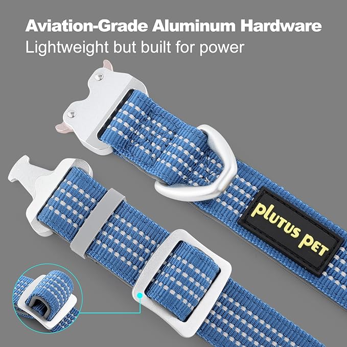 Plutus Pet Reflective Dog Collar with Aviation Aluminum Buckle, Neoprene Padded for Comfort, Lightweight, Heavy Duty Nylon Collar for Puppy Small Medium Large Dogs (Blue, L)