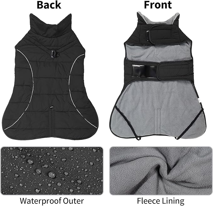 HEYWEAN Dog Winter Coat - Waterproof Windproof Reflective Vest for Medium & Large Breeds Adjustable Warm FleeceLined Jacket with Magic Tape & D-Ring for Leash Cold Weather Apparel (Black, Large)