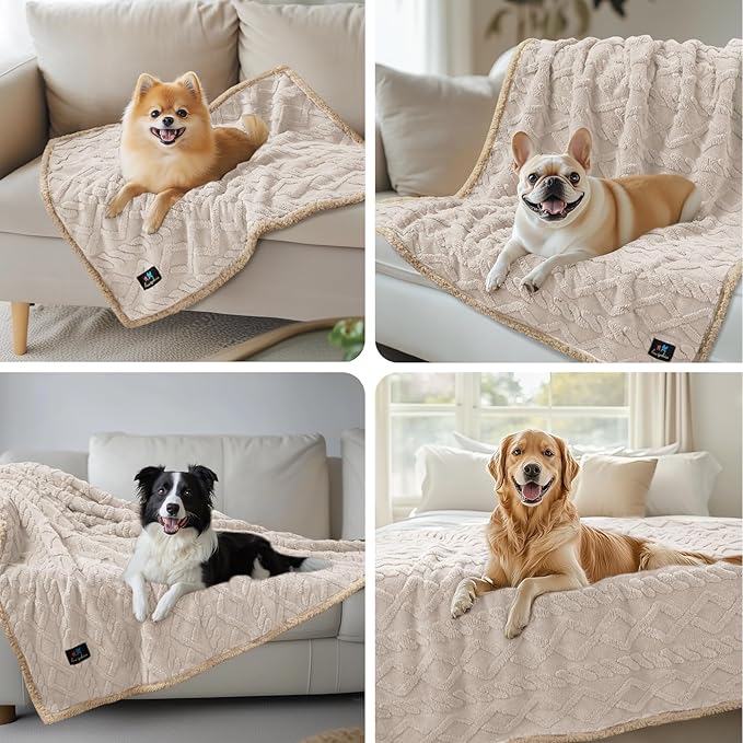 Waterproof Pet Blanket, Liquid Pee Proof Dog Blankets for Sofa Bed Couch, Reversible Sherpa Fleece Furniture Protector Cover for Small Medium Large Dogs Cats,Beige-Thicken Small（40" x 28"）