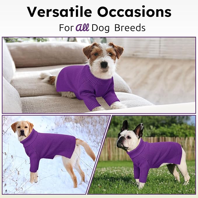 Queenmore Small Dog Sweater, Long Sleeve KnitSweater with Check Pattern, Warm Plaid Doggie Sweaters for Small Medium Dogs, Solid Pull-on Cat Knitwear, Purple S