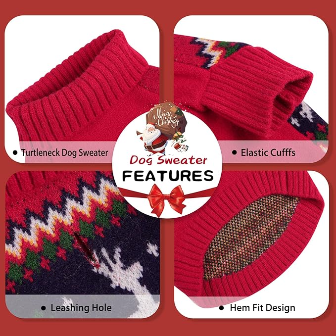 Queenmore Christmas Dog Sweater - Knitted Pullover Turtleneck Outfit, Warm Clothes for Small Dogs Boys or Girls L