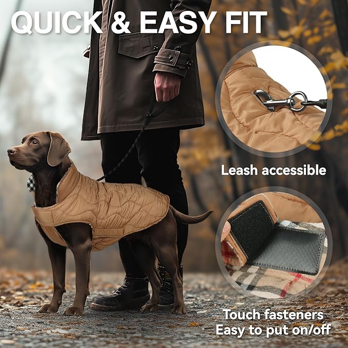 VIVAGLORY Softjoy Dog Coat, Dog Jacket for Winter & Christmas, Coat with Harness Hole & Velcro Closure, Reversible Plaid Checkered Warm Fluffy Heavy Duty for Puppy, XL, Khaki
