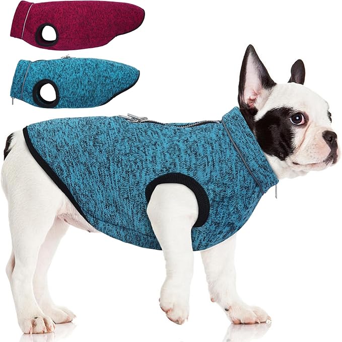 ROZKITCH Dog Sweater for Small, Knit Pet Jacket with Fleece Lining, Warm Winter Coats for Small Dogs with Zipper Opening for Harness, Adjustable Neck Reflective Pet Jacket Blue M