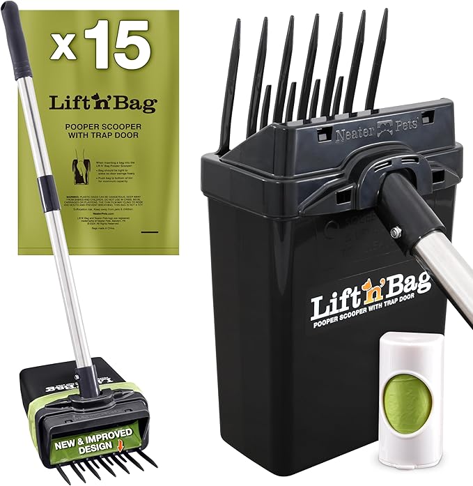 Neater Pet Brands Lift N’ Bag 2.0 Dog Pooper Scooper with Bag Attachment & 27" Pole for Small to Large Dogs, New & Improved Design, 15 Refill Bags, Heavy Duty Dog Poop Scooper for Yard, One-Hand Use