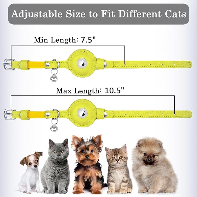 OOPSDOGGY Cat Collar for AirTag Holder, Leather Kitten Collars with Elastic Strap & Bell, Non Breakaway Adjustable Small Pet Collars for Indoor & Outdoor for Boy, Girl (Yellow)