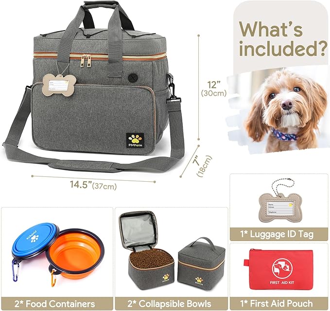 Dog Travel Bag for Week Away/Overnight Trips - Multi-Function Pockets, Ideal Dog Diaper Bag & Travel Kit (Grey)