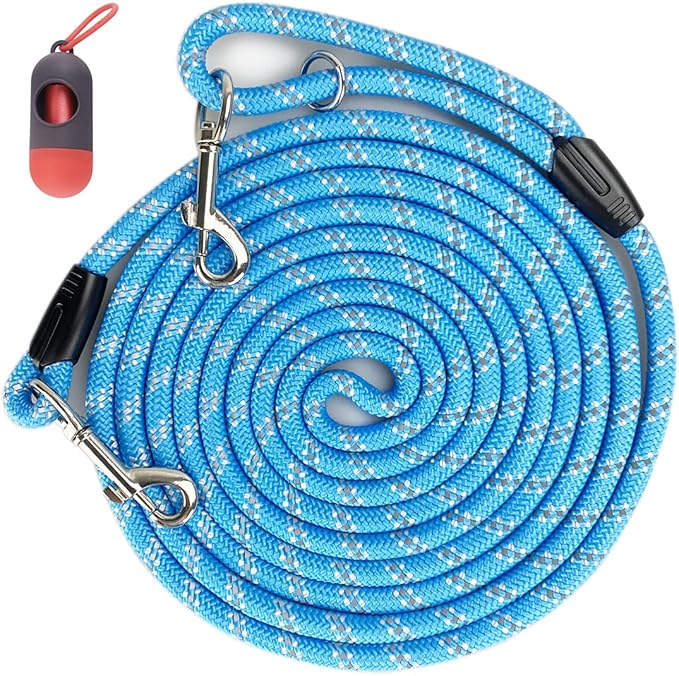 CodepetsLong Rope Dog Leash for Dog Training 12FT 20FT 30FT 50FT, Reflective Threads Dog Cat Leashes Tie-Out Check Cord Recall Training Agility Lead for Large Medium Small Dogs (Blue, 10mm*12ft)